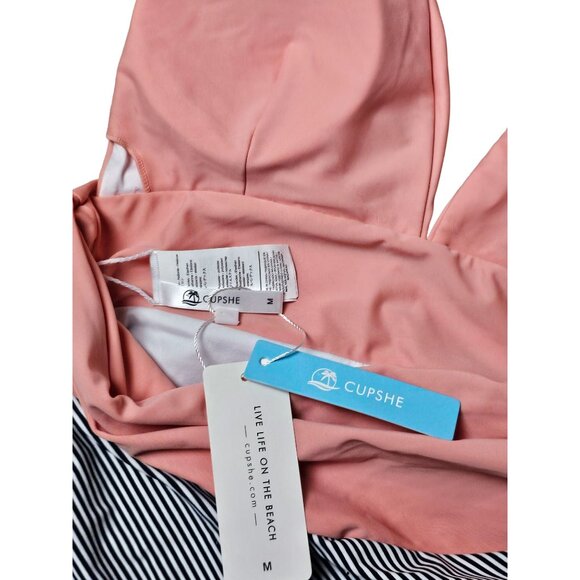 Cupshe Women's Swimsuit Size Medium Peach Halter One Piece Swim Striped Ruching - Picture 8 of 10